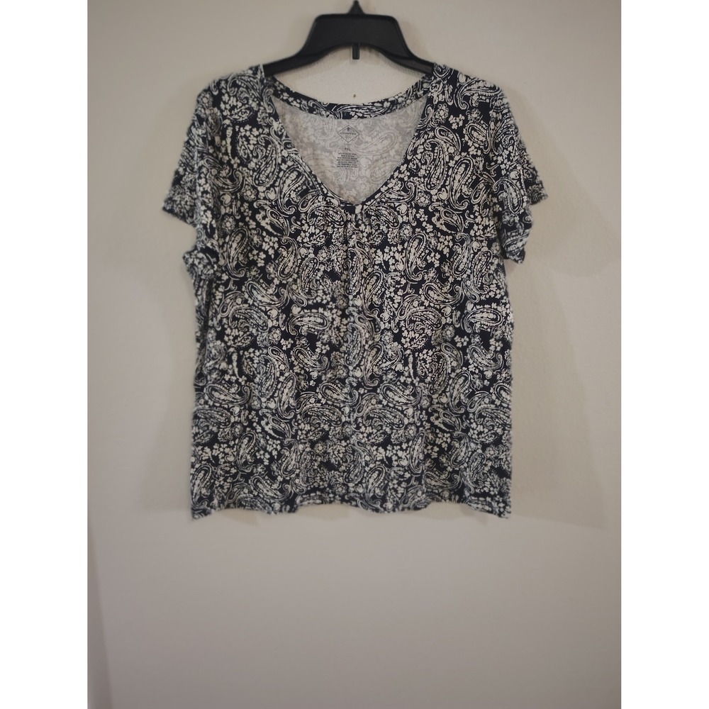 St. Johns Bay Womens PXL Petite Navy Blue Paisley V-Neck Short Sleeve Top Shirt